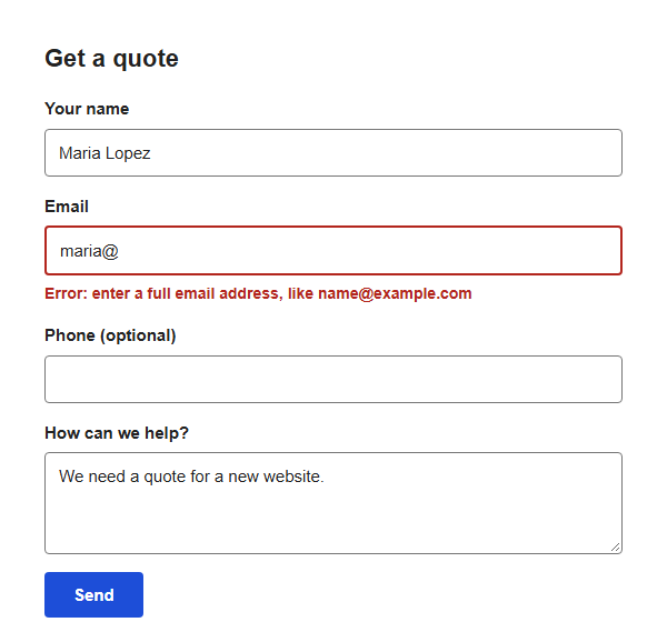 The same form after the fix: visible labels and a text error next to the field