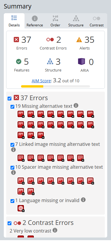 WAVE results panel showing contrast errors and missing alt text on a sample page