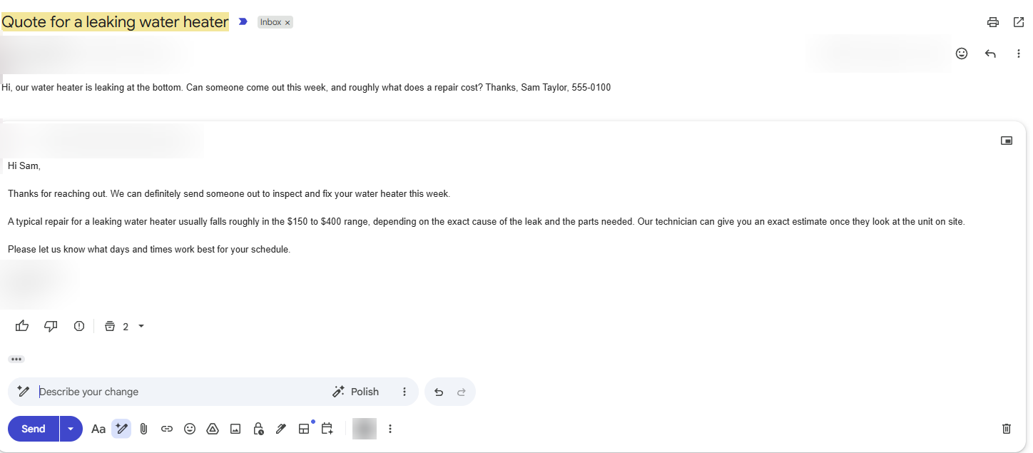 A test customer inquiry in Gmail and the reply Gemini drafted, still unsent and waiting for a person to check it