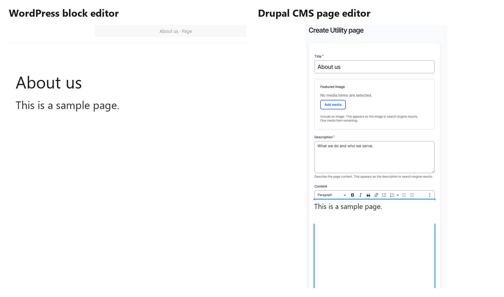 Drupal vs WordPress: which one fits your business? 1 The WordPress block editor and the Drupal content editor side by side, each editing a simple page