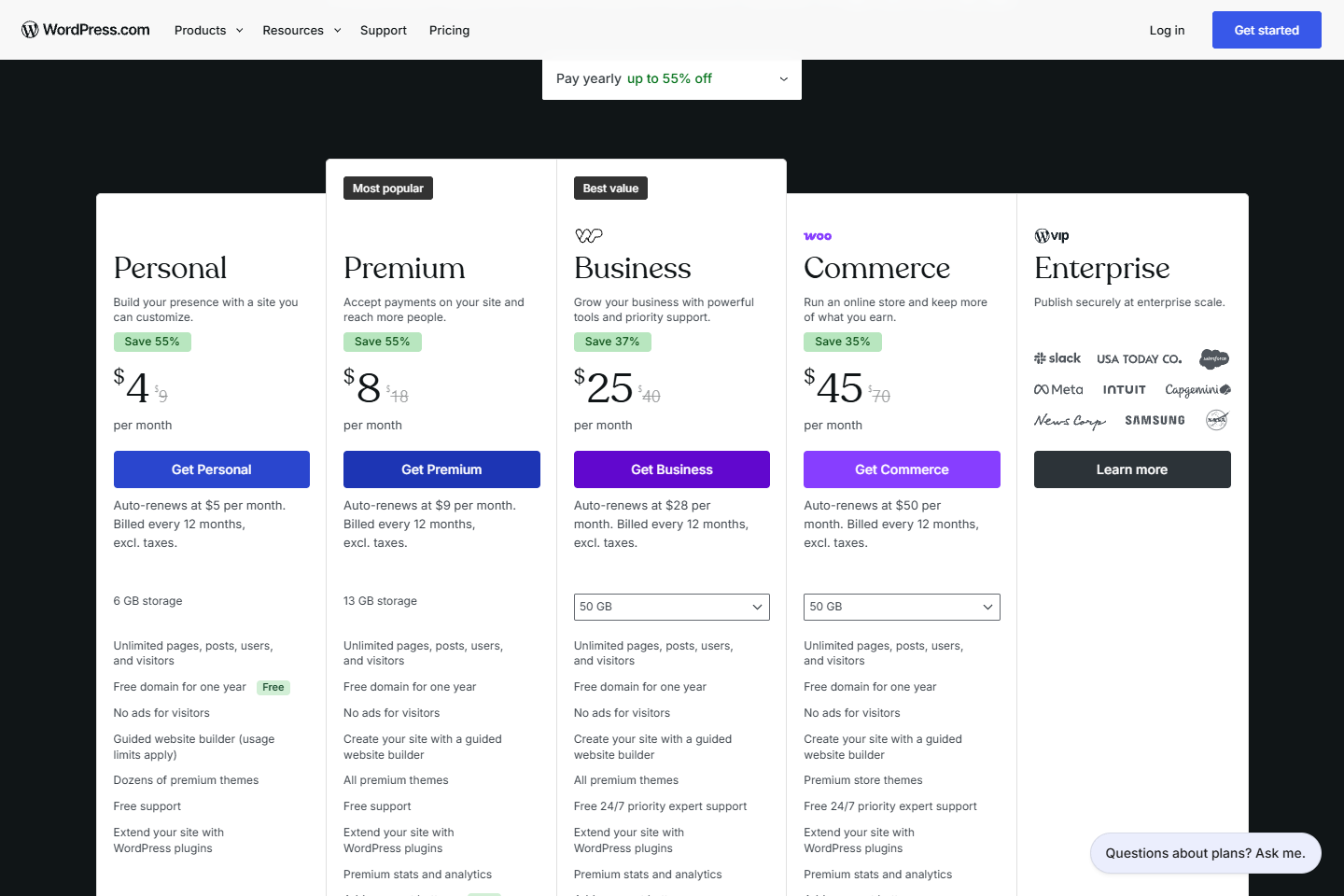 WordPress.com pricing page showing the Personal, Premium, Business and Commerce plans with first-year prices and renewal rates on yearly billing
